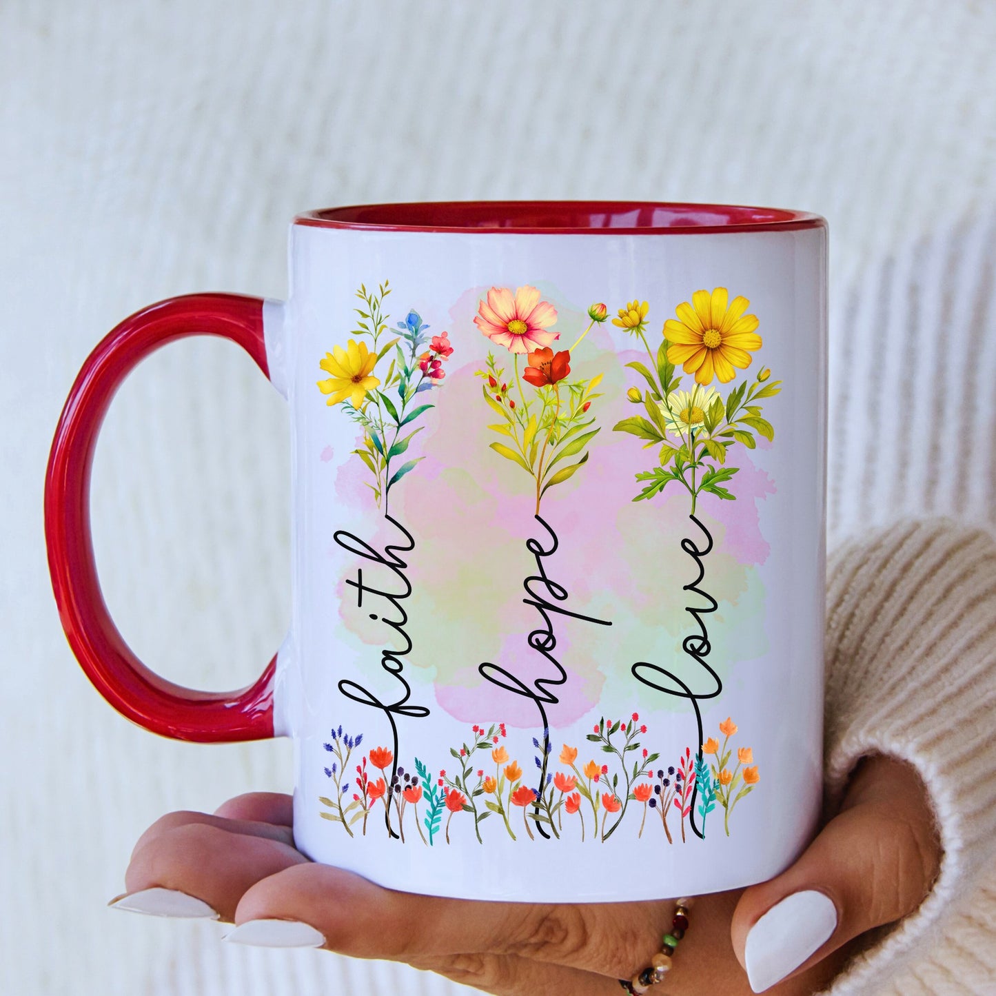 Faith Hope Love Mug with Coloured Interior