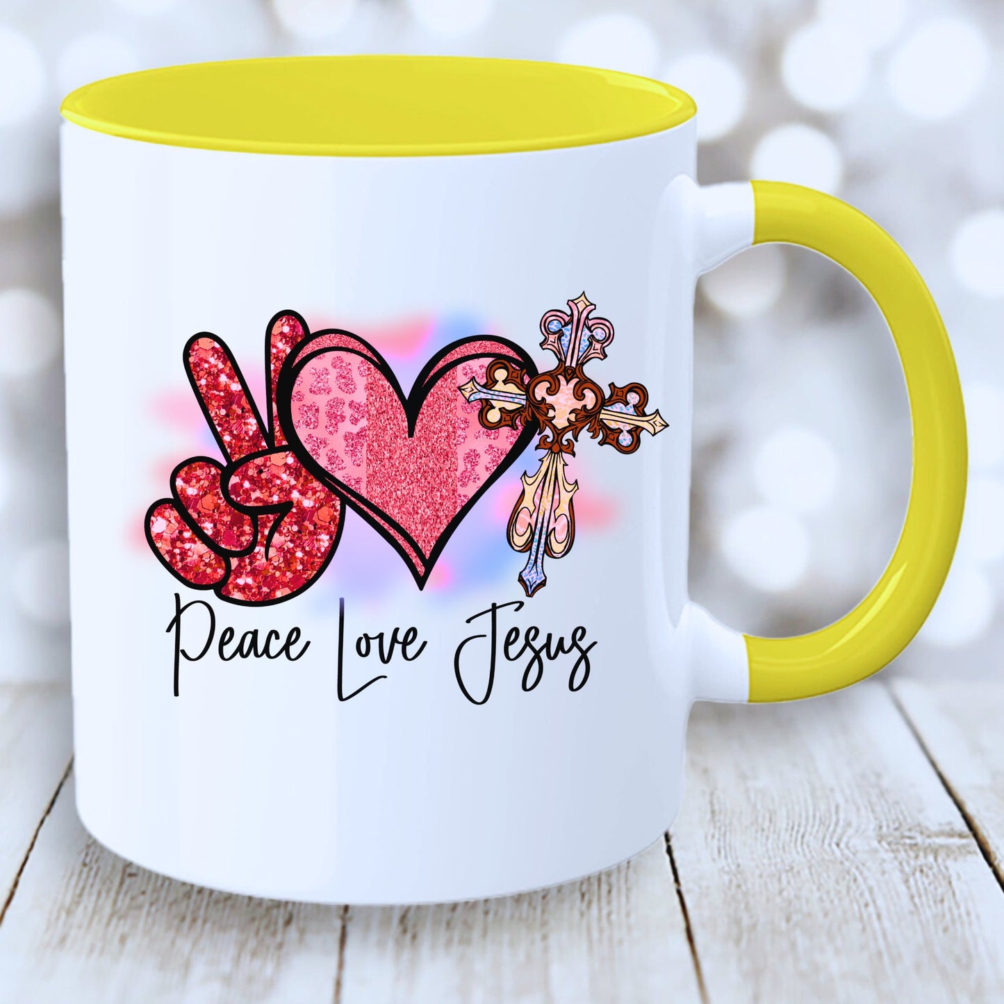 Peace Love Jesus Mug with Coloured Interior