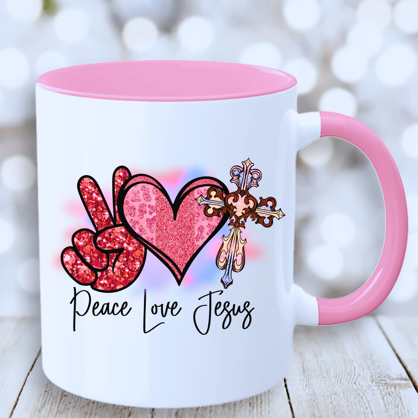 Peace Love Jesus Mug with Coloured Interior